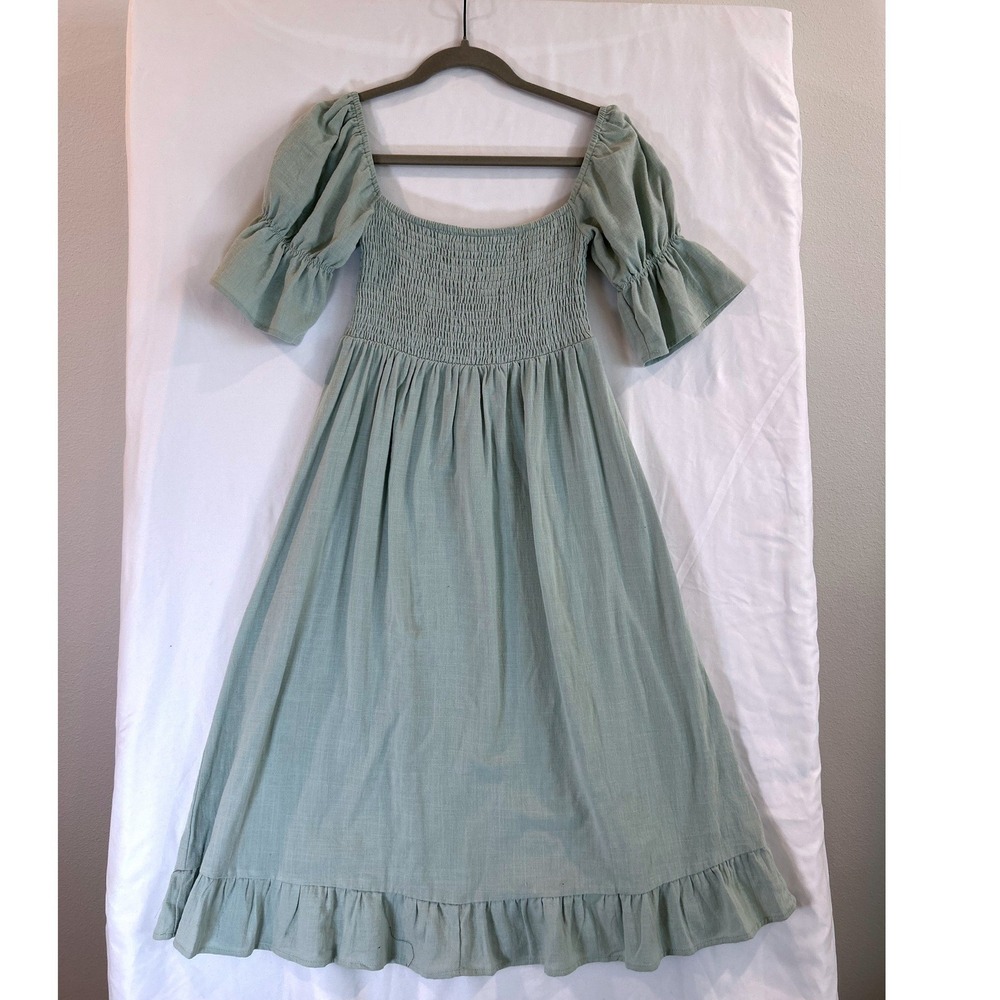 Girl and the Sun Sage Green Smocked Puff Sleeve Ruffle Hem Midi Dress Small